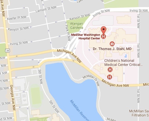 Map depicting MedStar Washington Hospital Center on Irving St NW NW in Washington DC